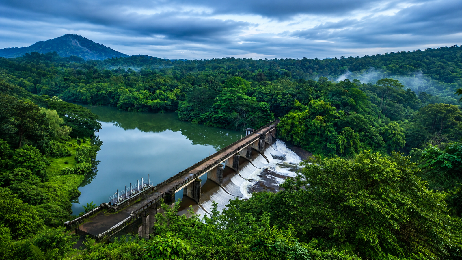 Thenmala Eco Tourism landscape with forests and lake.
